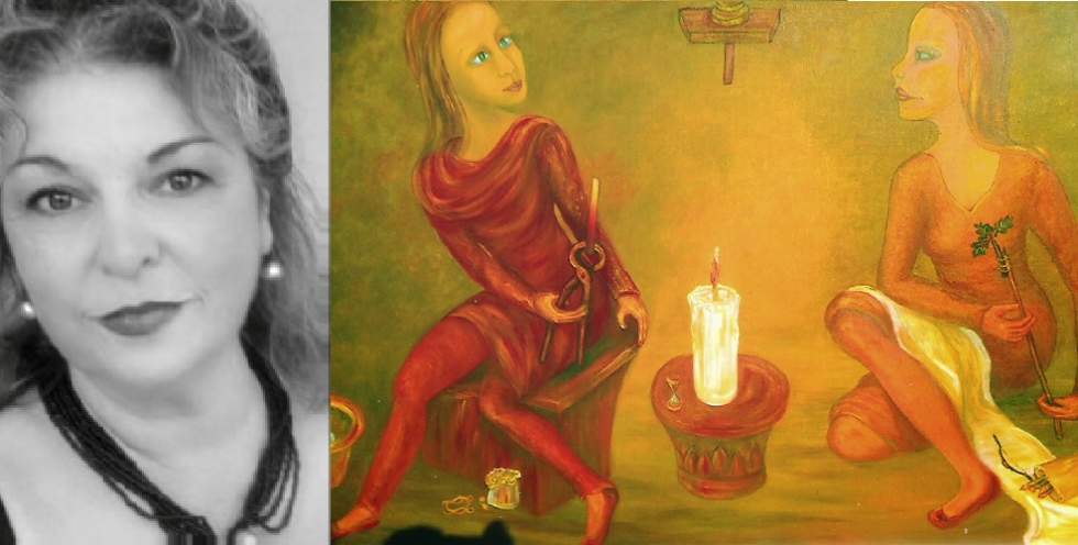 Lola May y La Templanza, La Fortaleza y la Justicia.  Obra de  Candida Alonso Álvarez