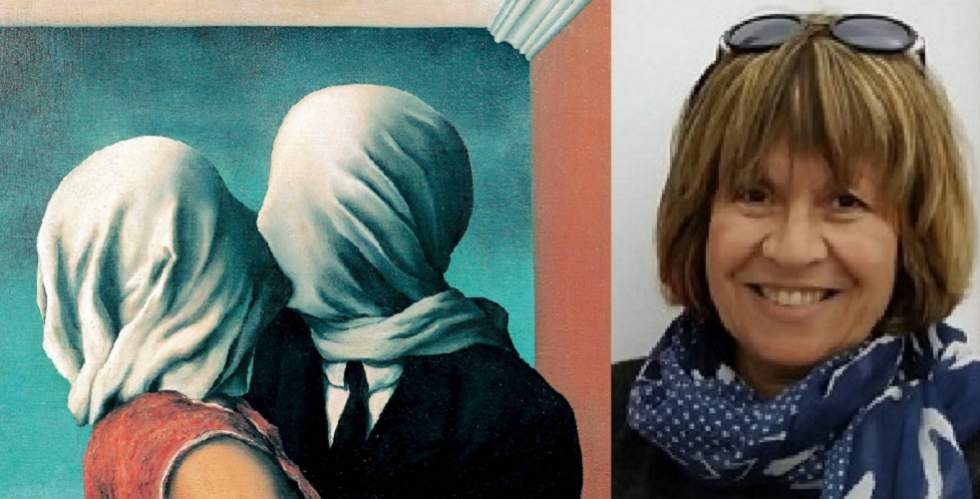 Ana María con Poema "Caricias" y detalle de Los amantes (Magritte)
