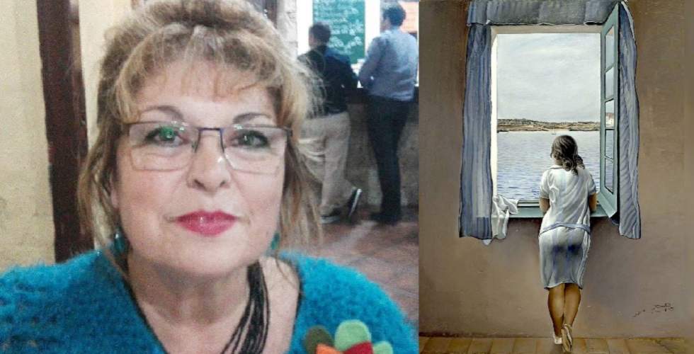 La poetisa en imagen reciente y detalle de Muchacha en la ventana (Dalí)
